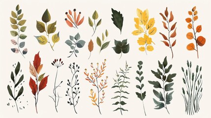 A collection of hand drawn leaves and plants