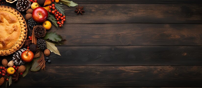 Top view of an autumn themed background featuring a present box oak leaves acorns pines and fruit galette pies arranged on a black wooden surface with ample copy space for images