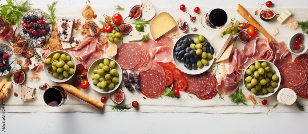 Poster top view of a christmas table with a delicious antipasto platter featuring ham prosciutto salami che
