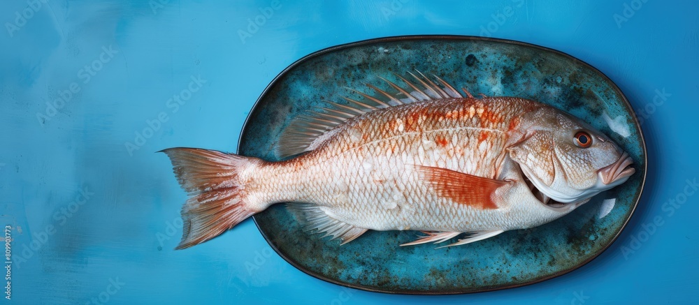 Poster a top down view of a whole uncooked and organic sea perch fish placed on a blue dish with ample room