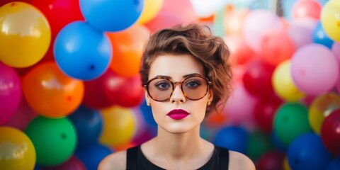 Obraz premium Portrait of beautiful woman with inflatable rainbow balloons. Generative AI.