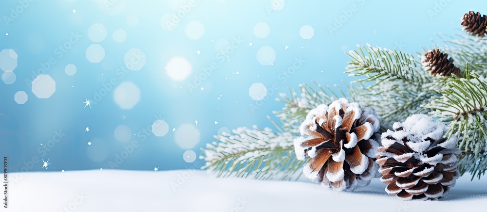 Leinwandbilder A snowy Christmas tree branch adorned with pine cones set against a light blue backdrop and accompanied by ample copy space for additional content