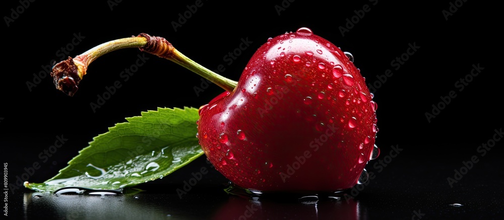 Aufkleber a copy space image of a cherry with dew drops placed on a black tabletop