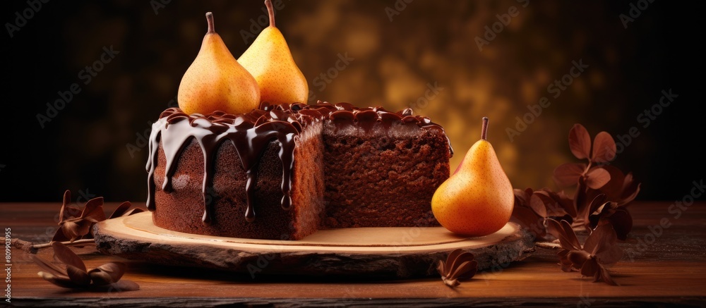 Poster A tempting and visually appealing image of a chocolate pear cake with ample copy space for adding text or other elements