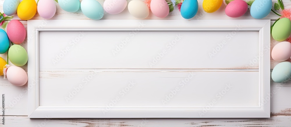 Poster Easter themed background featuring colored eggs and a blank frame mock up on a light wooden surface for copy space