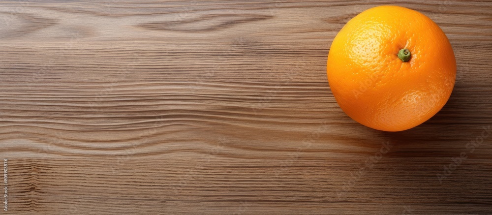 Aufkleber Top view of a fresh orange placed on a textured wooden surface creating a visually appealing composition with copy space for an image