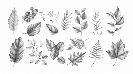 A collection of hand drawn leaves and plants