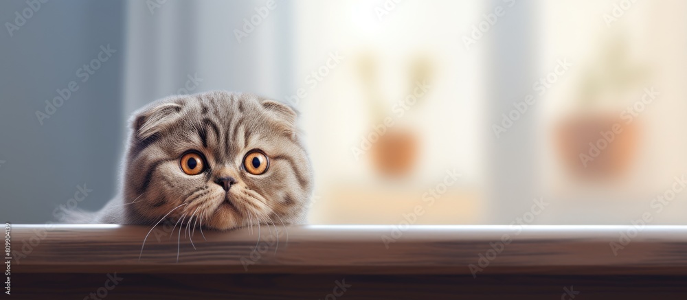 Poster The Scottish Fold cat peeks out of the window watching with curiosity and creating a perfect opportunity for a copy space image