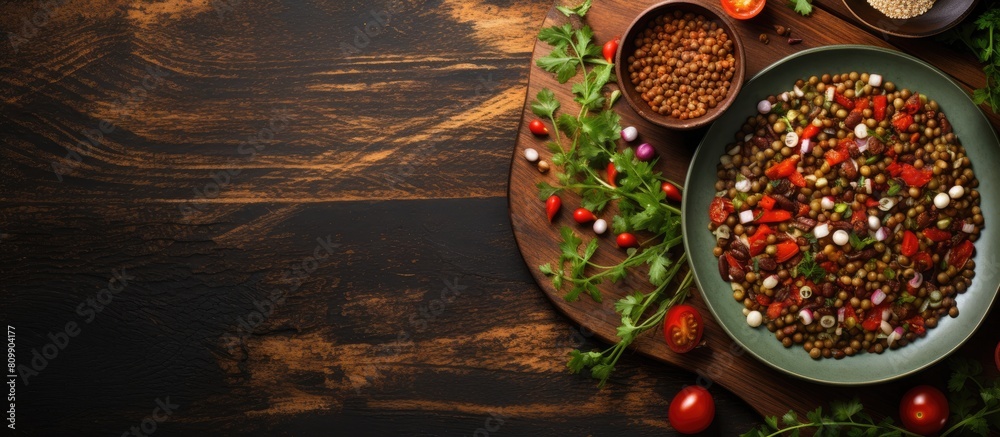 Poster A top view of a lentil based dish with a variety of beans served in a set menu concept is showcased against a food background with ample copy space