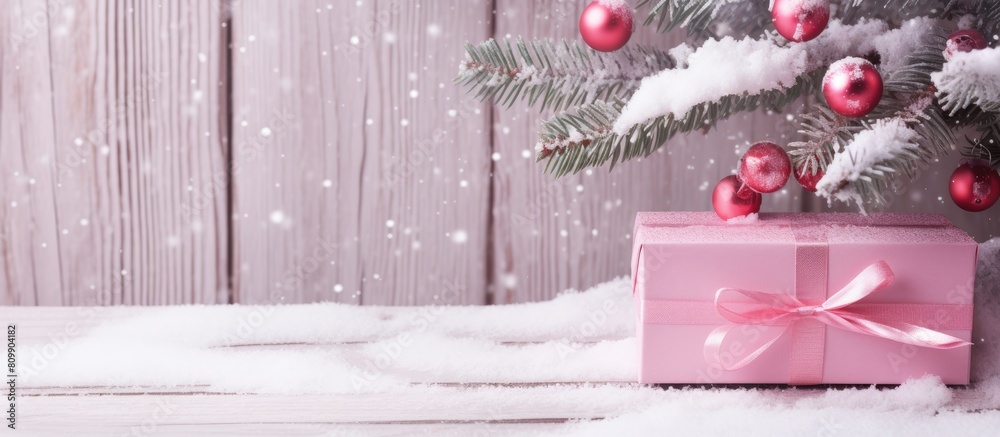 Poster snow covered christmas tree branch with a gift box set against a charming pink wooden background pro