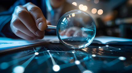 Close up of businessman using magnifying glass to search for information.