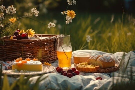 Serene picnic setup with food and drink bathed in the golden light of a setting sun - Powered by Adobe