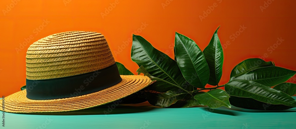 Aufkleber there is an image depicting a summer hat resting on a vibrant green leaf that contrasts with the ora