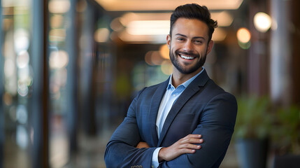 Naklejka premium Portrait of a smiling businessman standing with arms crossed in the office