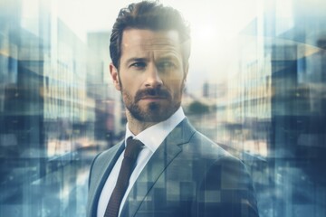 Fototapeta premium The double exposure image of the business man standing back during overlay with cityscape. Generative AI.