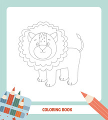 Cute lion educational worksheet. Coloring book.