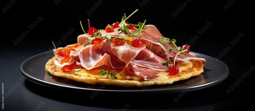 Poster a spanish tostada featuring delicious jamon iberico served on a plate with a copy space image