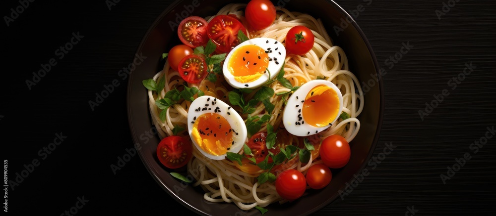 Poster A top down view of a bowl filled with noodles vegetables and eggs placed on a dark background leaving enough space for additional text or images