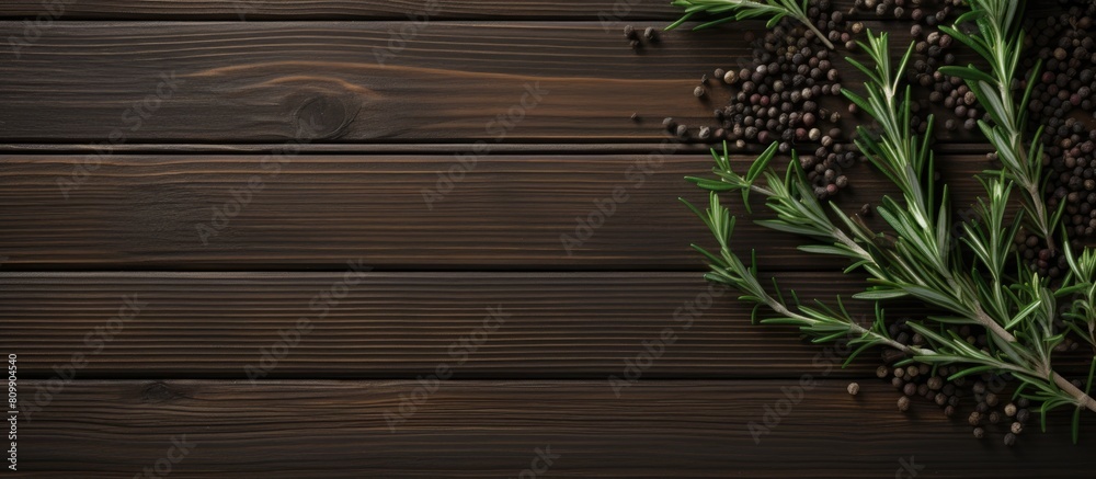 Sticker dark wooden background with a sprig of rosemary and black pepper providing ample copy space for text