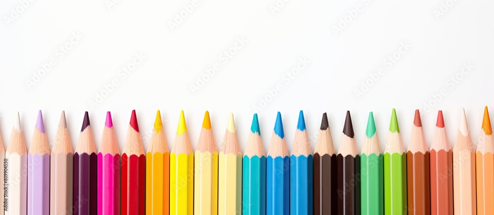 Poster A semicircle arrangement of colored watercolor pencils on a white background perfect for adding text or graphics Copy space image