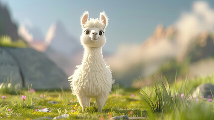 Fototapeta premium A cute white lama on the grass