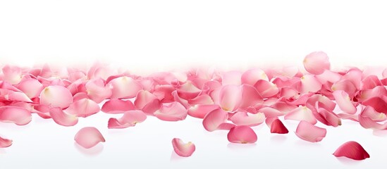 Image of pink rose petals gracefully floating in the air against a pristine white backdrop with ample copy space