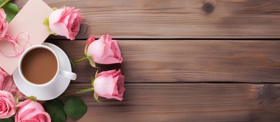 A top down view of pink roses coffee cups and a paper greeting card for Mother s Day arranged on shabby wooden planks with plenty of space for text or images Flat design style. Creative banner