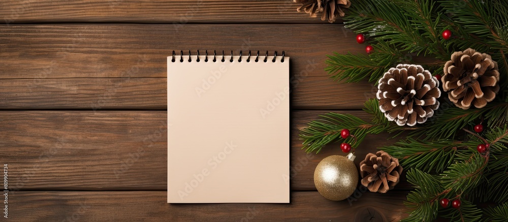Poster Christmas gift list notepad with spruce twigs and a gift box arranged in a flat lay style on a surface made of oak wood copy space image