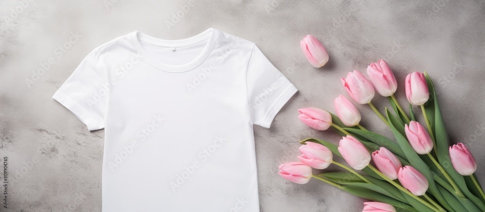 Poster top view flat lay copy space image of a white women s cotton t shirt mockup featuring pink tulip flo