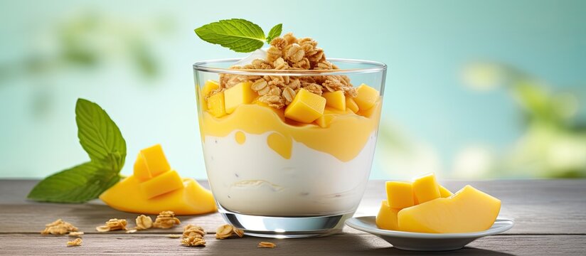 A healthy snack made with mango yogurt and granola Note Please note that this paraphrase does not include the phrase copy space image as it does not seem to fit naturally into this context