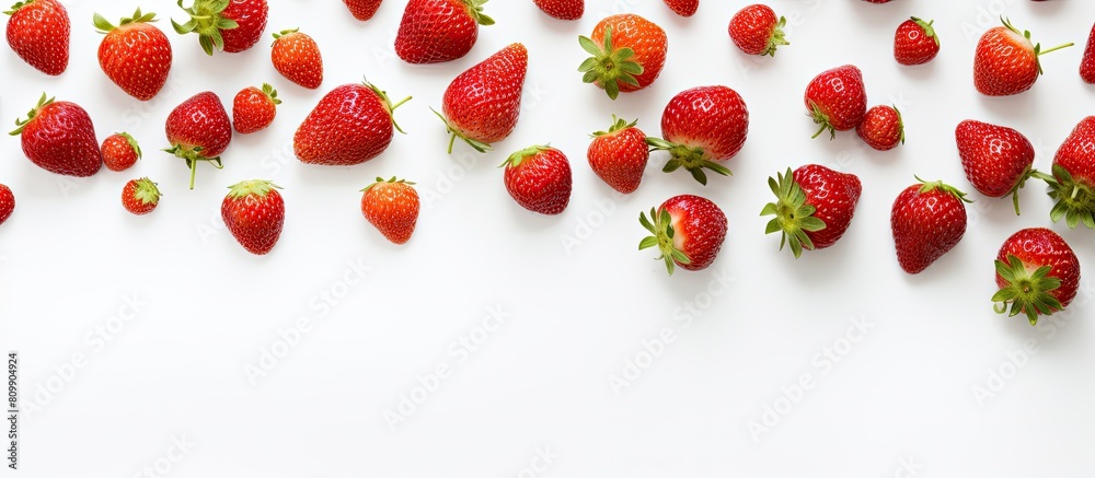 Poster A copyspace image featuring fresh natural strawberries on a white background leaving space for text. Creative banner. Copyspace image