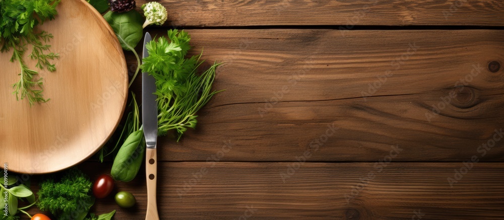 Poster Copy space image of a wooden background with a white plate adorned with a fork and spoon alongside fresh herbs and greens as ingredients for cooking