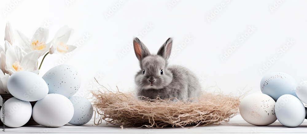 Poster An Easter themed image featuring a toy rabbit a festive egg and a nest set against a serene white and gray backdrop Perfect for decorating a copy space image during the Easter season
