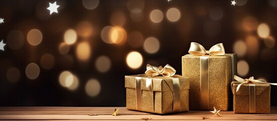 A captivating scene with a stack of beautifully crafted gift boxes resting on a rustic wooden surface illuminated by soft lights in the background to enhance their charm and appeal Copy space image