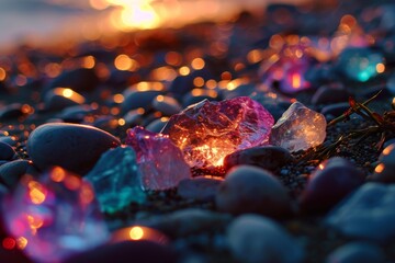 Glowing stones,  Shiny colorful stones on the beach shore, Colorful gemstones on a beach glowing,...