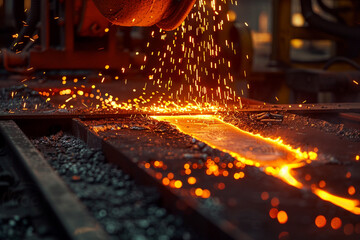 Glowing red hot iron being cast in an industrial foundry, a close-up on the power of transformation in metalwork 