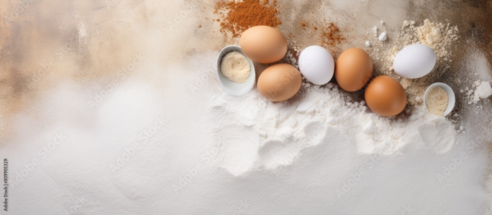 Poster Top view of eggs and flour on a white background creating a copy space image for baking preparation