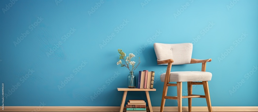 Poster An inviting setup with a wooden step stool complemented by decorative items books and an armchair positioned against a vibrant blue wall providing ample copy space for the image 170 characters
