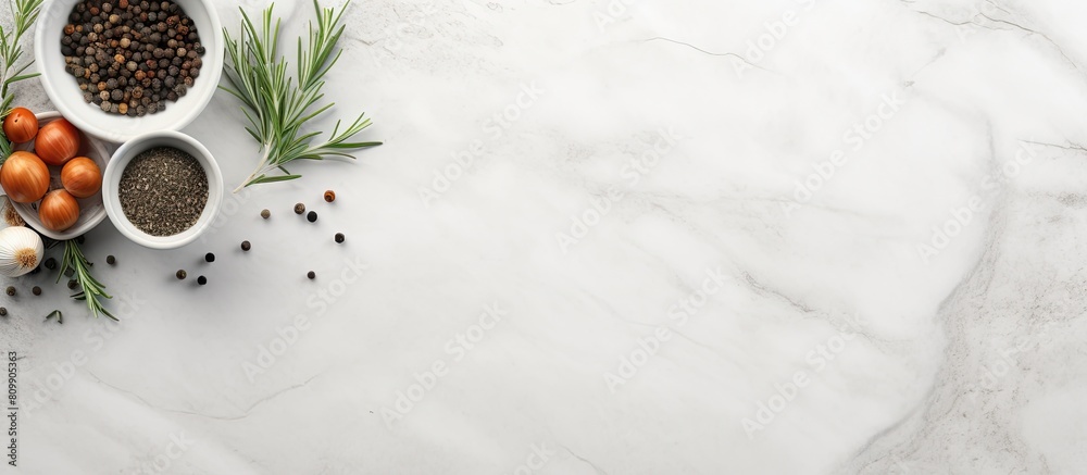 Poster A bowl of salt thyme and peppercorns placed on a white marble table ideal for a flat lay composition The image offers ample space for adding text