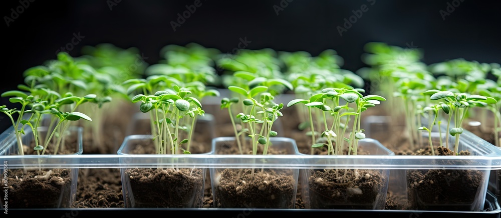 Poster agricultural copy space image featuring small cantaloupe sprouts growing in plastic containers on fe