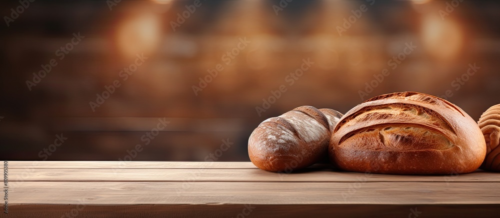 Poster A copy space image of bread displayed on a wooden table at a bakery