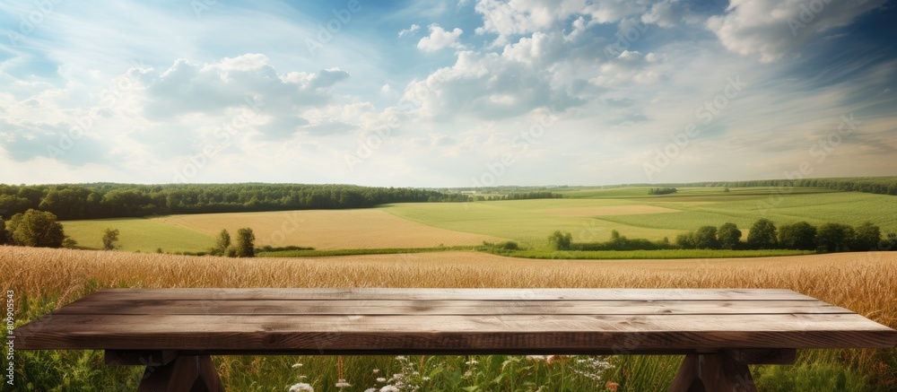 Aufkleber a brown wooden table sits in a picturesque rural landscape during the summer it offers ample empty s