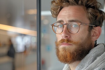 Pensive bearded man with glasses looking through a window thoughtfully