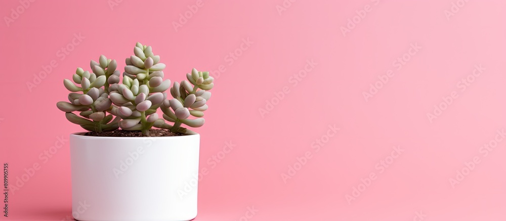 Poster a small succulent plant is showcased in a white pot against a pink background creating a design conc