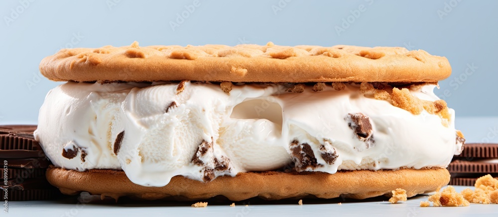 Poster delicious cookie sandwich filled with creamy vanilla ice cream perfect for indulging in a sweet trea