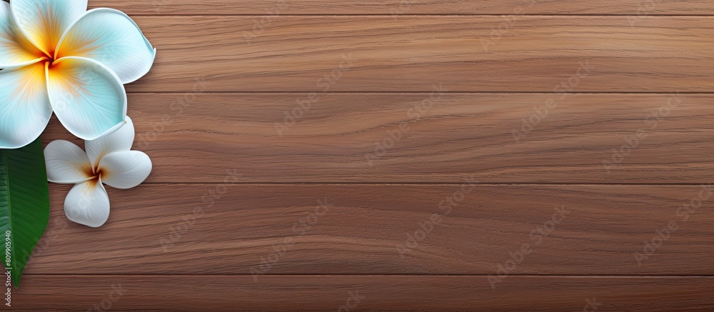 Poster Top down view of a spa environment featuring a plumeria flower gracefully placed on a wooden table creating an inviting copy space image