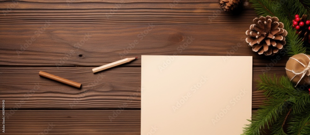 Poster Christmas gift list notepad with spruce twigs and a gift box arranged in a flat lay style on a surface made of oak wood copy space image