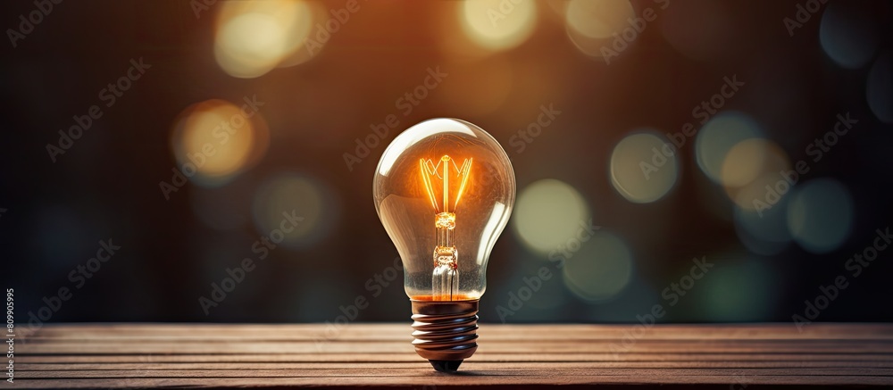 Poster A macro close up of a tiny lightbulb positioned above a rustic wooden backdrop creating a creative idea concept Copy space image