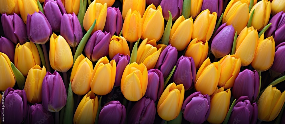 Poster a copy space image showcasing a vibrant backdrop filled with yellow and violet tulip bouquets