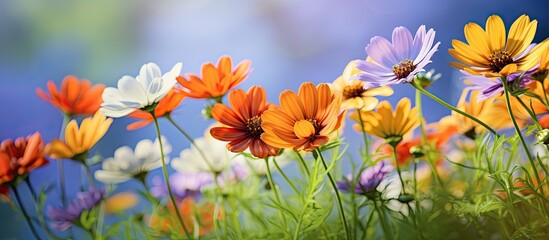 Fototapeta premium Colorful flowers in a garden with a green background and copy space image